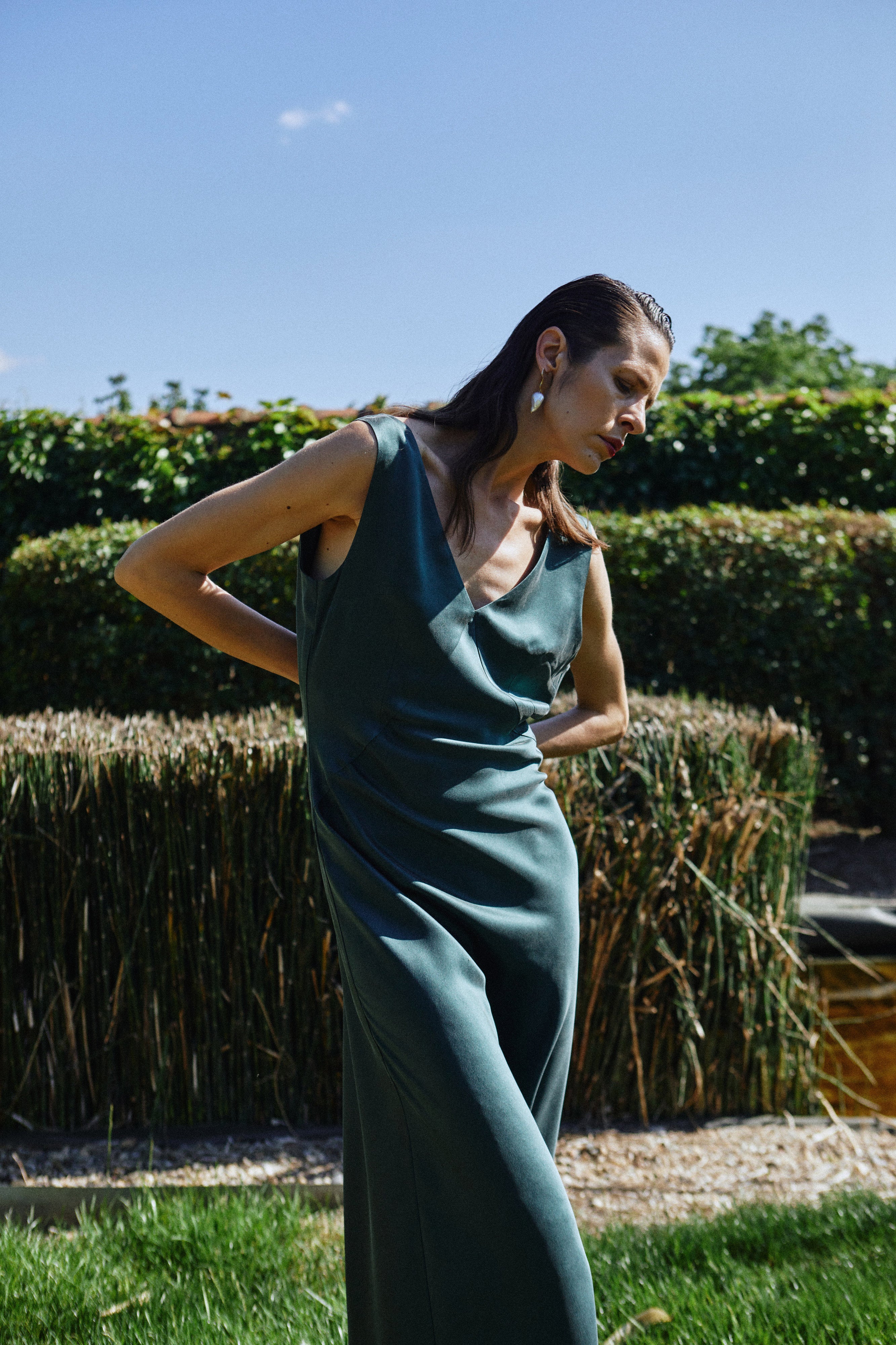 Emerald Green Silk Dress With V-Neck