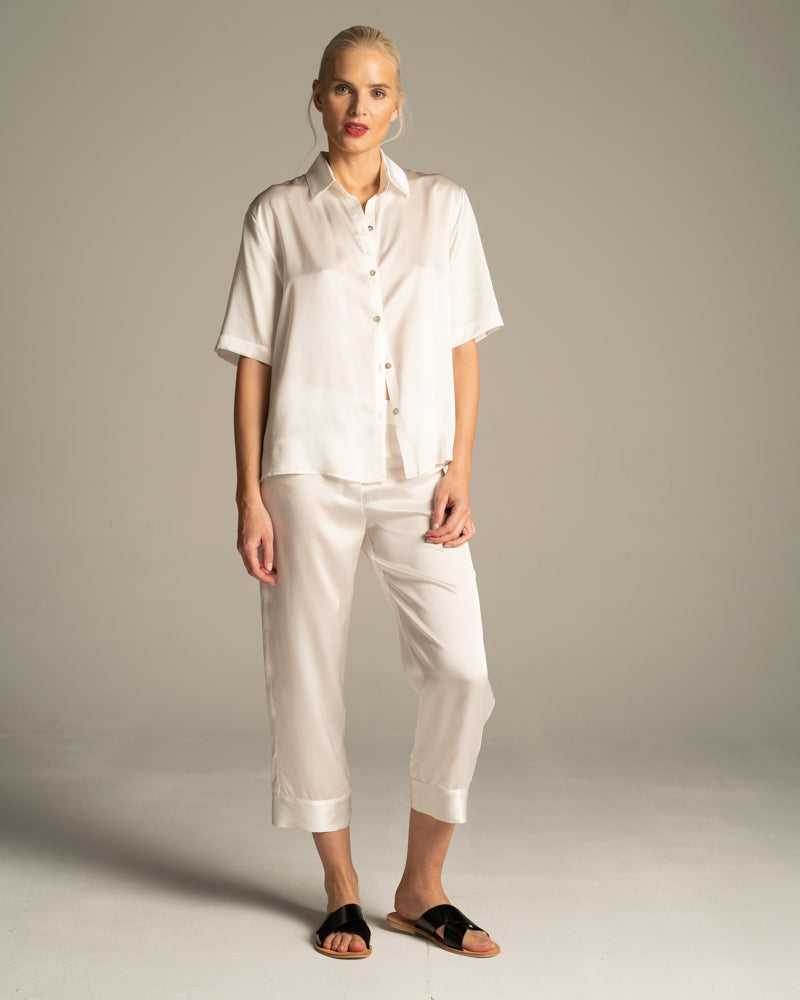 Pure White Silk Cropped Pyjama Trousers