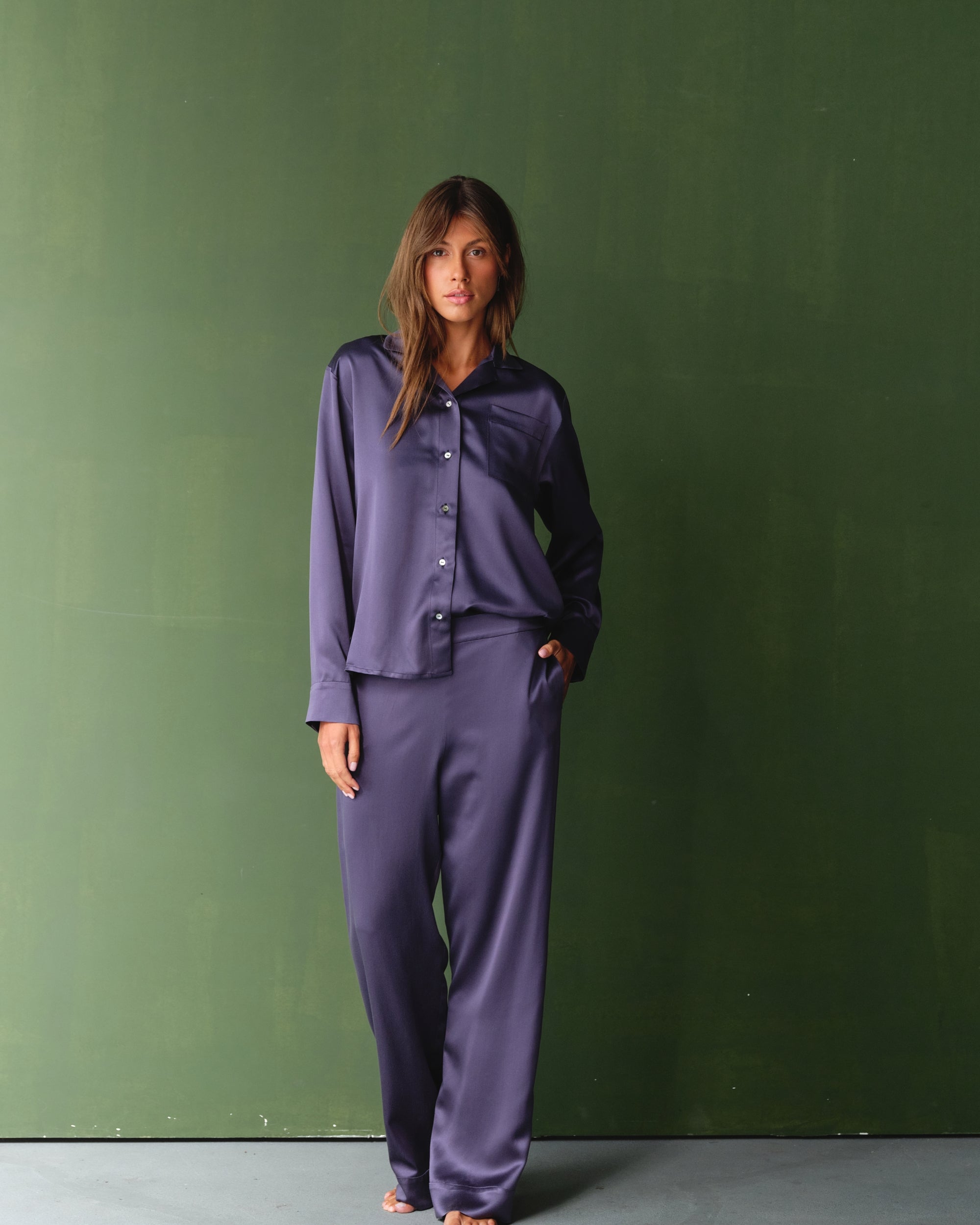 Shiny Navy Blue Silk Pyjama Set